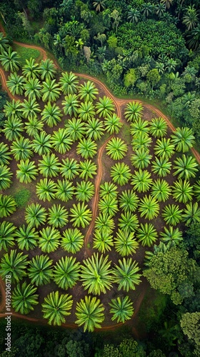 Aerial View Palm Oil Plantation Lush Green Tropical Rainforest