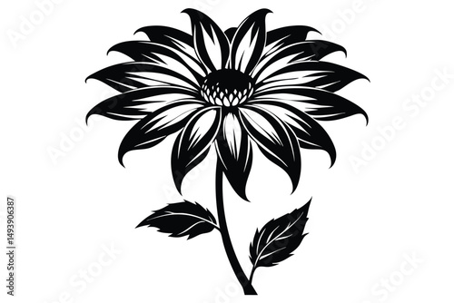 Elegant Black and White Flower Illustration Detailed Petals, Stem, and Leaves Design