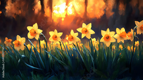 Beautiful daffodils on green grass in the park at sunset