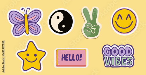 Vector illustration with retro sticker icons: butterfly, yin yang, peace sign, smiley, star, and positive words. Hand-drawn 70s cartoon style, a trendy and popular look.