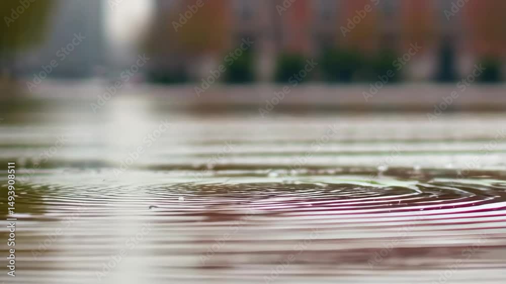 Close-up of rain ripples in a puddle reflecting blurred building. The concentric circles radiating outward create beautiful water texture. Close-up of rain ripples in a puddle reflecting blurred building. The concentric circles radiating outward create beautiful water texture.