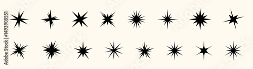 Y2K star icon set with retro spark, twinkle, and glitter effects. Shiny vector shapes in flat and geometric styles. Includes glow, flare, and festive elements for modern or vintage designs.