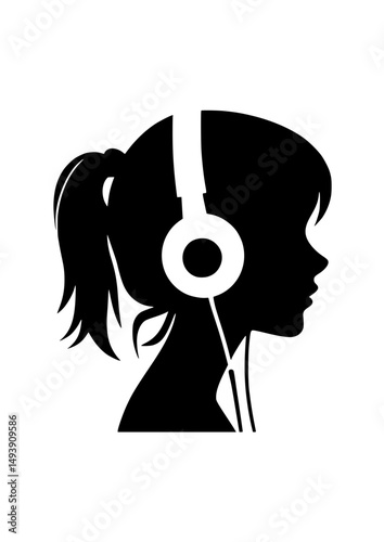 a black silhouette vector icon of a nostalgic lofi girl listening to music