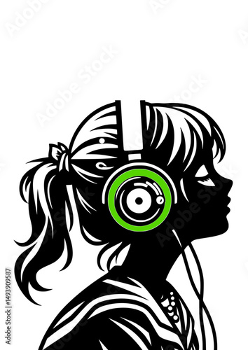 a black silhouette vector icon of a nostalgic lofi girl listening to music