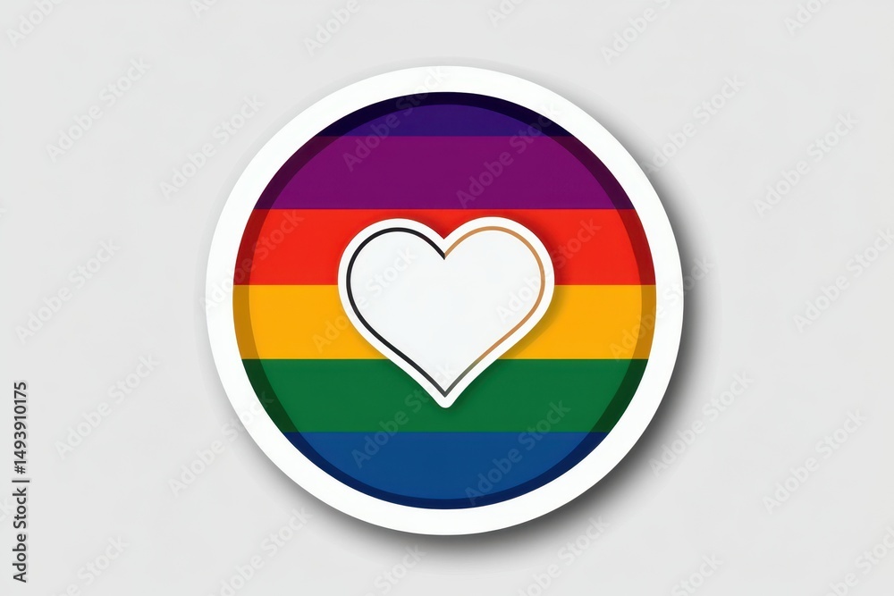 Obraz premium A round sticker with the rainbow flag and a white heart, in a simple vector graphic style on a solid background Generative AI