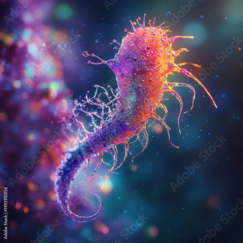 Colorful microscopic virus floating in a dark environment
