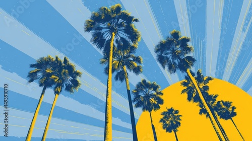 Colorful Illustrated Palm Trees with Sun and Blue Background