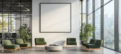 Wallpaper Mural 3D rendering of office waiting area featuring green chairs, blank poster on clean wall, and natural light through large windows
 Torontodigital.ca