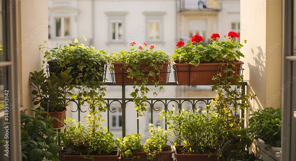 Fototapeta premium Balcony Garden with Flowers and Greenery in Flower Boxes