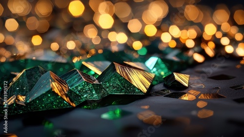 Air pressure visualization illustrated through precision-cut emerald cubic crystals with golden reflective surfaces showing barometric gradient patterns on textured dark surface