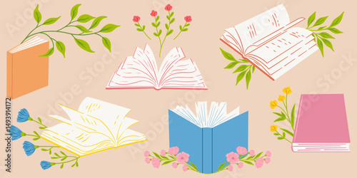 Set of hand drawn vector illustrations - book and flowers in gentle tones. Spring, summer mood. Flat trendy illustration for greeting cards, flyers, magazines, websites and apps.