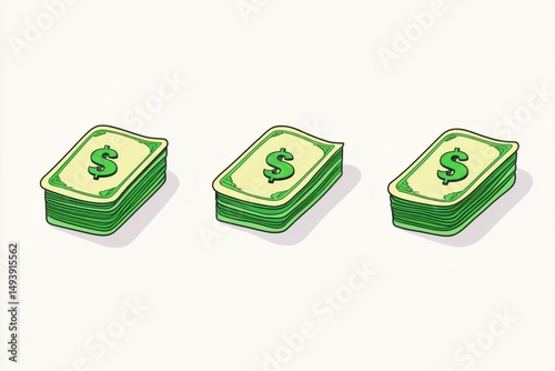 Green cartoon dollar bills in growing stacks symbolizing financial growth and money accumulation on white background, 3D rendering
 photo