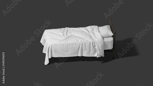 Single small bed with white bedding, looped rotation, 4k