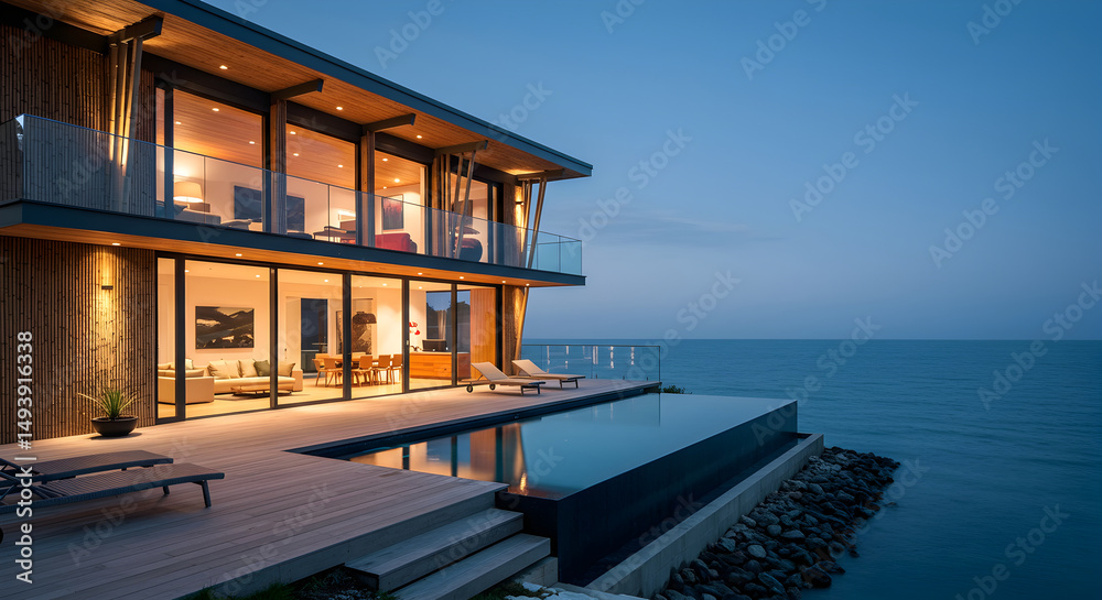 Obraz premium Seaside Retreat Modern Home Exterior with Infinity Pool at Dusk