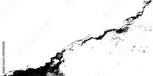 Abstract black and white image showing a crack running diagonally across a textured surface design element white background.