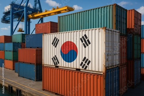 A cargo container with the South Korean flag in front of a shipping yard. Suitable for Asia-Pacific trade, logistics content, and global commerce. South Korea flag on shipping container at port

 photo