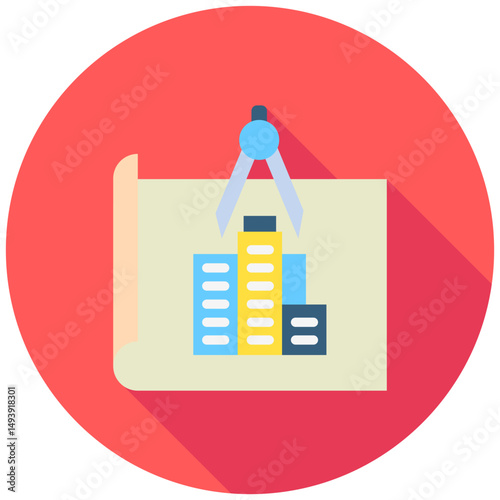 Blueprint mini illustration rounded flat color icon, use for civil engineering, industry, construction, UI, UX kit, app and web development, digital or print.
