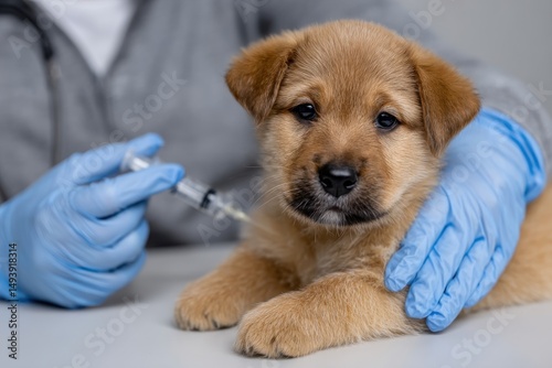 An adorable puppy is seen receiving a vaccination from a caring veterinarian, emphasizing the importance of pet health and compassion towards animals in this touching moment. photo