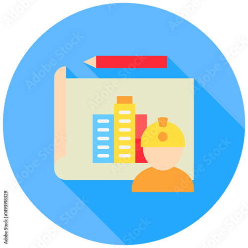 Builder mini illustration rounded flat color icon, use for civil engineering, industry, construction, UI, UX kit, app and web development, digital or print.