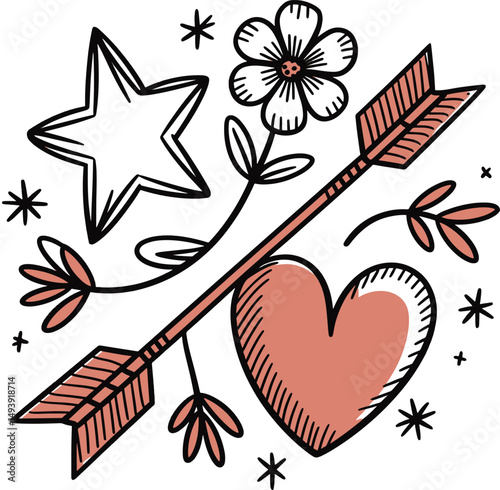 Hand drawn arrow piercing heart with star and flower