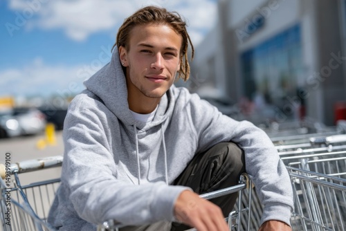 A relaxed young man sitting comfortably in a shopping cart outdoors, representing a carefree and playful attitude towards life, embodying youthfulness and spontaneity in moments.