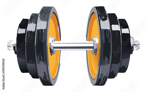 dumbbell with gold colored weight plates