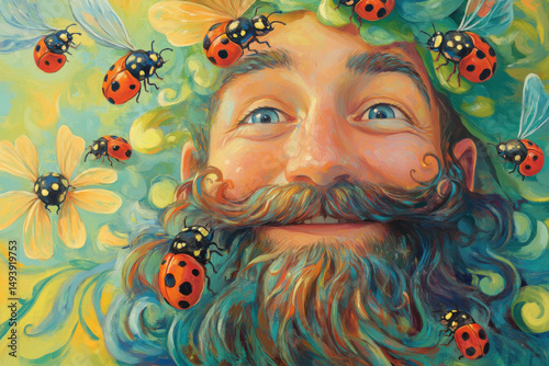 Smiling gardener immersed in a whimsical world of ladybugs and flowers