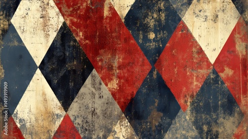 Distressed Harlequin Pattern Texture with Red, White and Blue Diamonds