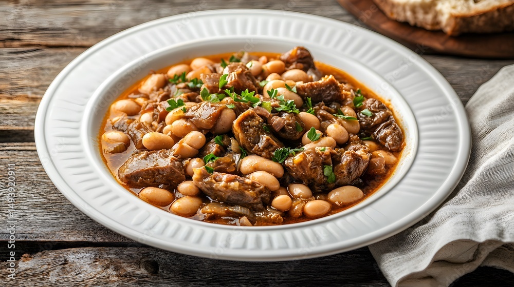 Delicious stew recipe with beans and meat served on a plate for a hearty and comforting meal dish Delicious stew recipe with beans and meat served on a plate for a hearty and comforting meal dish