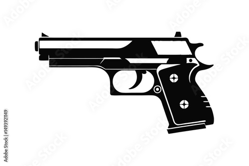 Detailed Black Silhouette Depiction of a SemiAutomatic Handgun with Textured Handle Grips