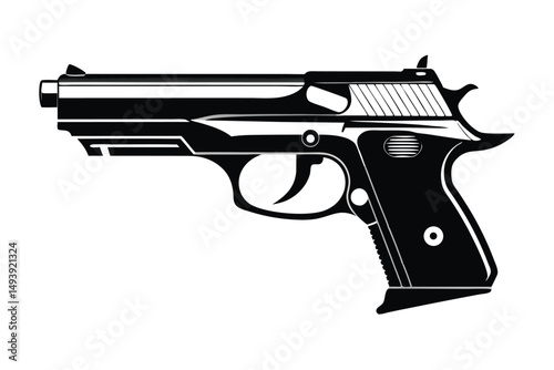 Detailed Black and White Graphic Illustration of SemiAutomatic Handgun on Plain Background