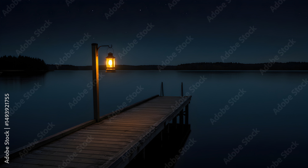Obraz premium Silent Night At Lake With Lighted Lantern On The Wooden Pier