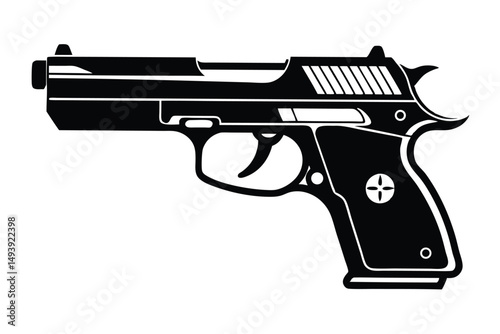 Detailed Silhouette Illustration of a Black Pistol Sidearm Isolated For Design Use