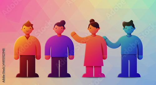 A group of four stylized figures standing together on a gradient background with geometric shapes behind them