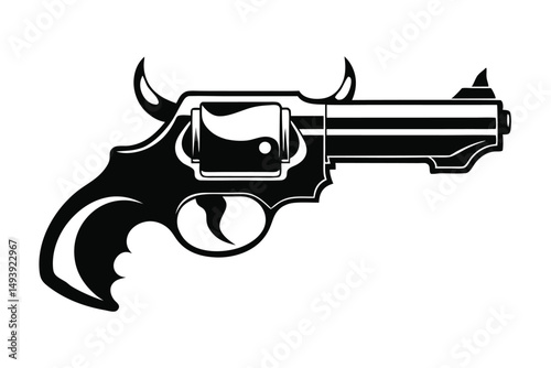 Stylish Black Silhouette of a Revolver with Horns, Weapon Design Concept