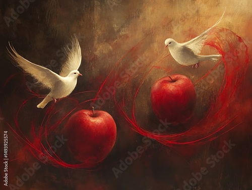 Two white doves surround red apples