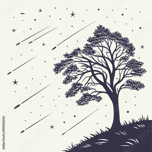 Silhouette tree under night sky with shooting stars
