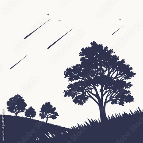 Silhouette trees meadow night sky shooting stars landscape