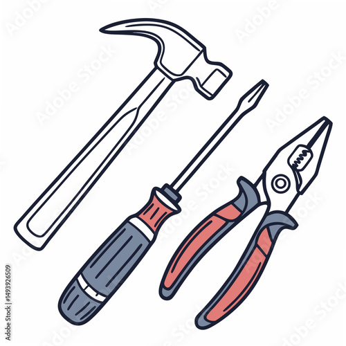 Professional tools hammer screwdriver pliers isolated on white background