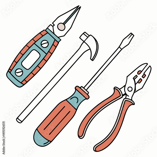Colorful hand tools illustration set hammer screwdriver pliers needle nose pliers