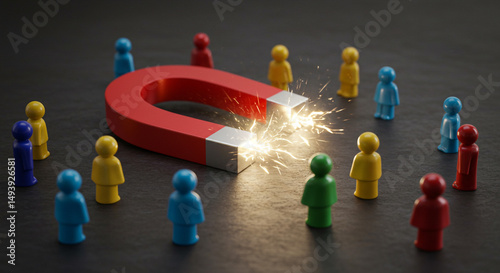 A red horseshoe magnet attracting colorful plastic figures on a dark surface with glowing light effect