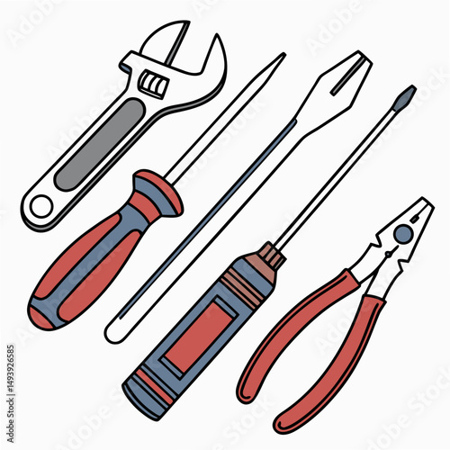 Professional hand tools set isolated cutout illustration on white background