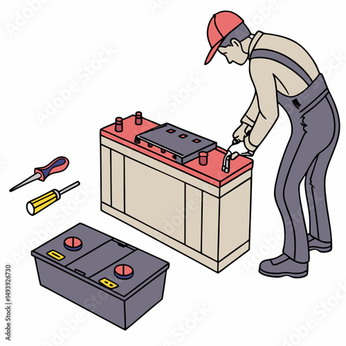 Mechanic replacing car battery terminals with tools
