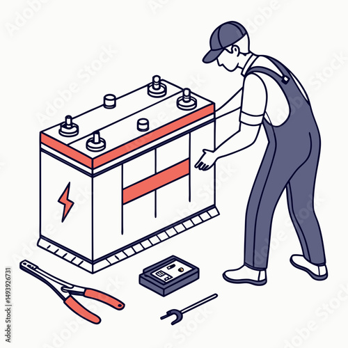 Mechanic inspecting car battery with tools voltmeter pliers