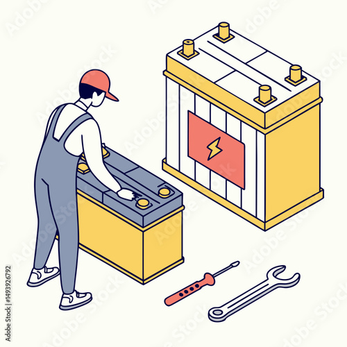Mechanic repairing car battery isometric illustration