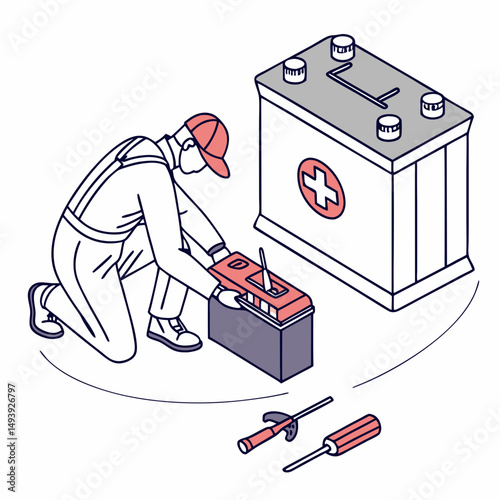 Mechanic replacing car battery isometric illustration