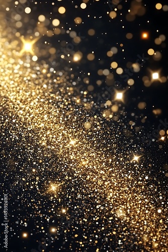 Sparkling golden particles on black background