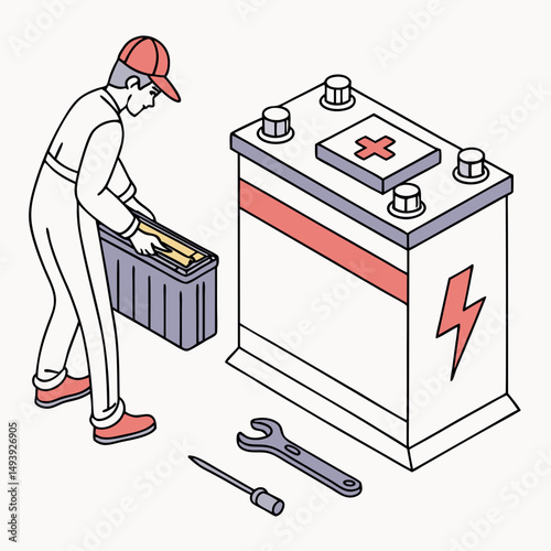 Mechanic inspecting car battery with tools nearby