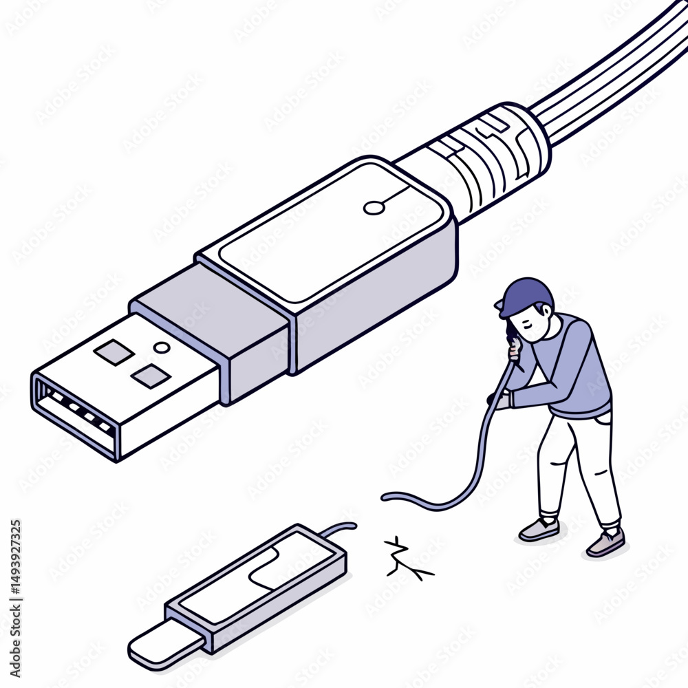 Man fixing broken usb cable isometric illustration