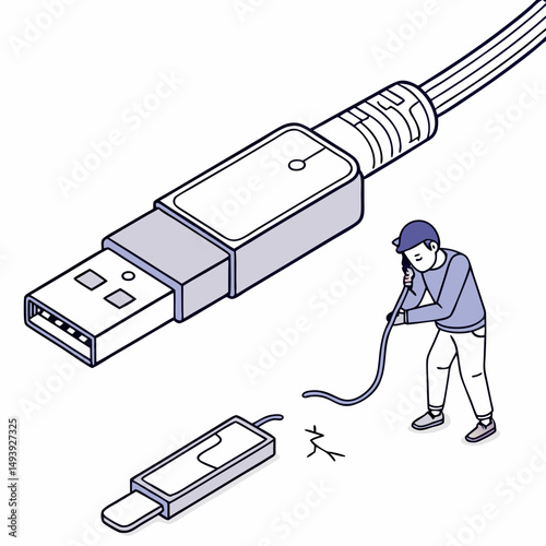 Man fixing broken usb cable isometric illustration